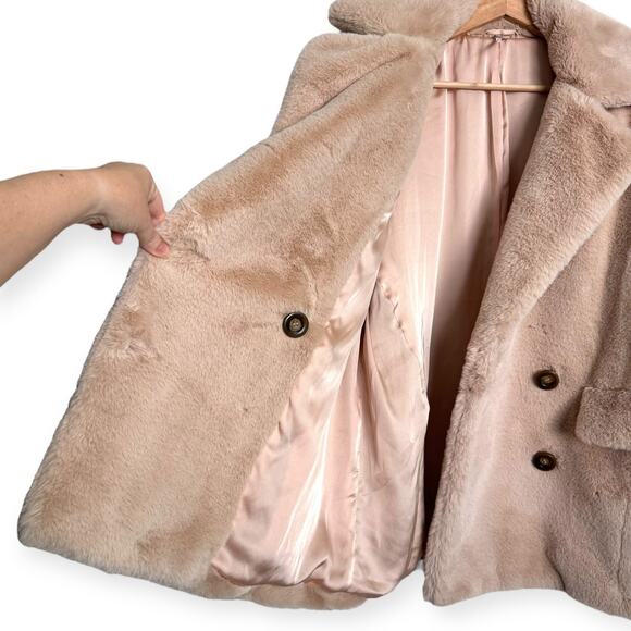 Free People Apricot Kate Faux Fur Double Breasted Overcoat Women's Size L - Picture 7 of 11